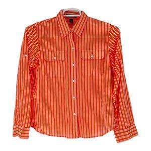 RALPH LAUREN Women’s Stripe long roll tab sleeve Button Up Shirt Sz‎ L Petite